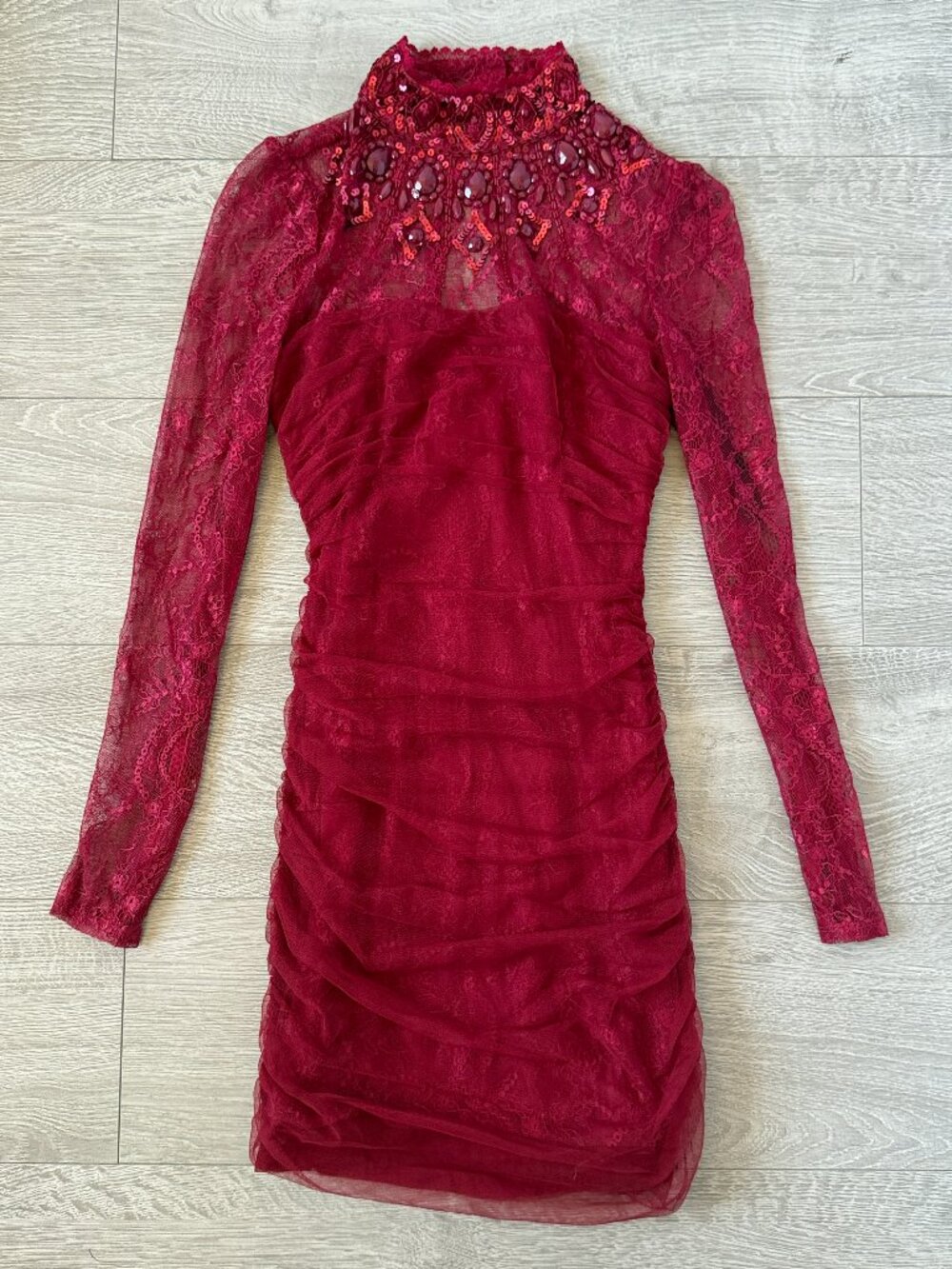 Bebe Burgundy Red Lace Embellished Long Sleeve Bodycon Mini Dress XXS